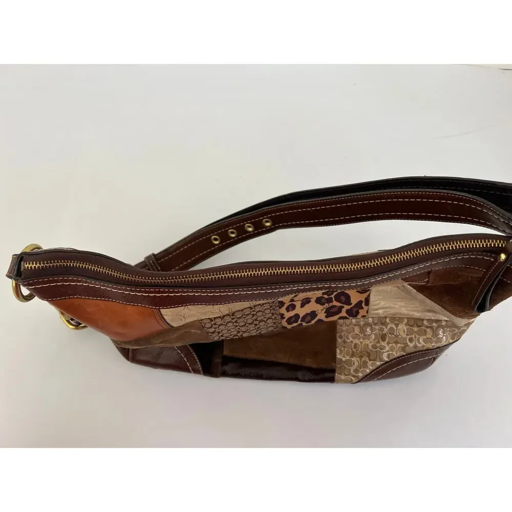 Vintage Coach F0893-F12842 Patchwork Jacquard Leopard Brown Leather Bag Y2K Boho - Picture 16 of 16